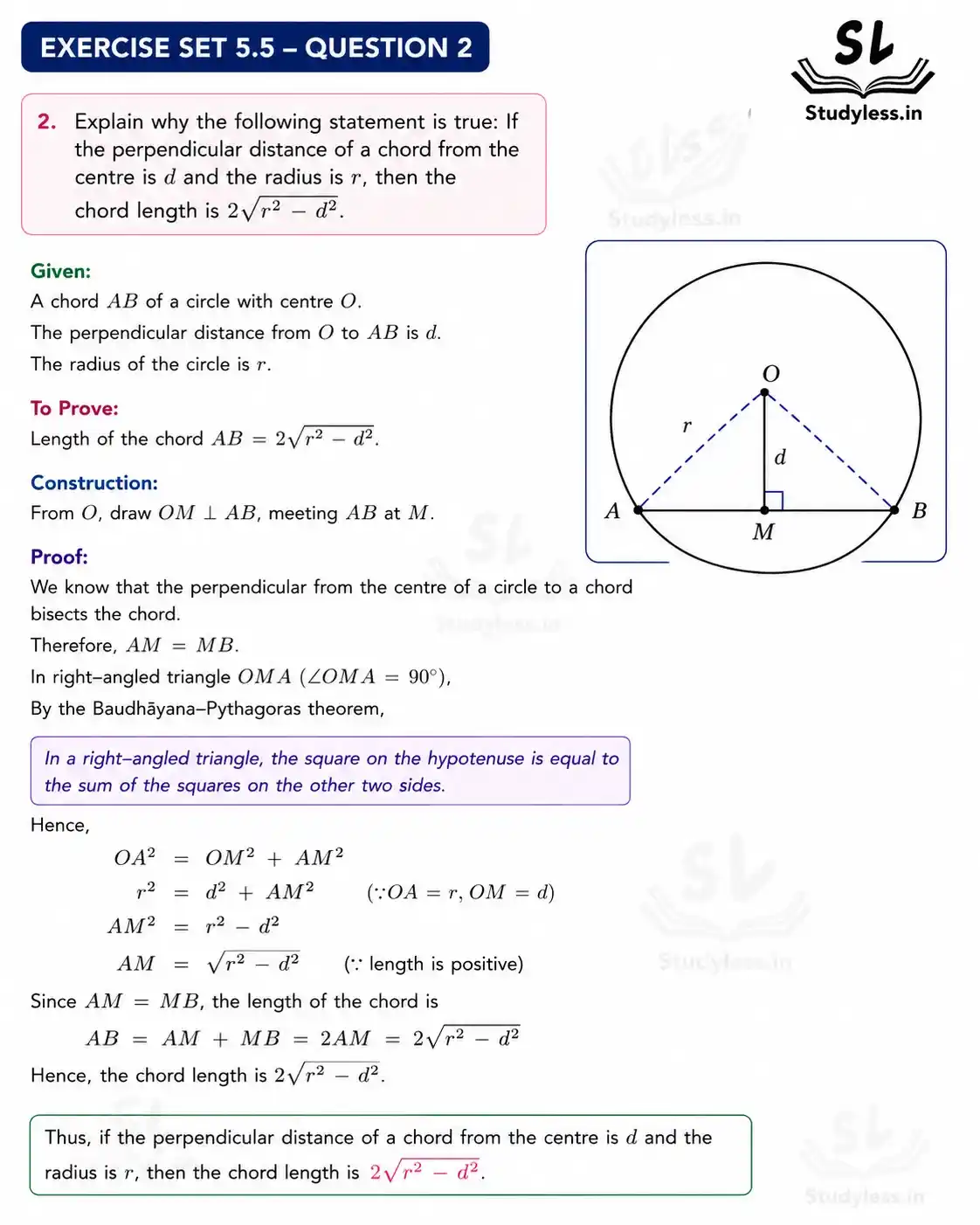 Explain why the following statement is true: If the perpendicular
distance of a chord from the centre is d and the radius is r, then the
chord length is 2 r2 − d2 .