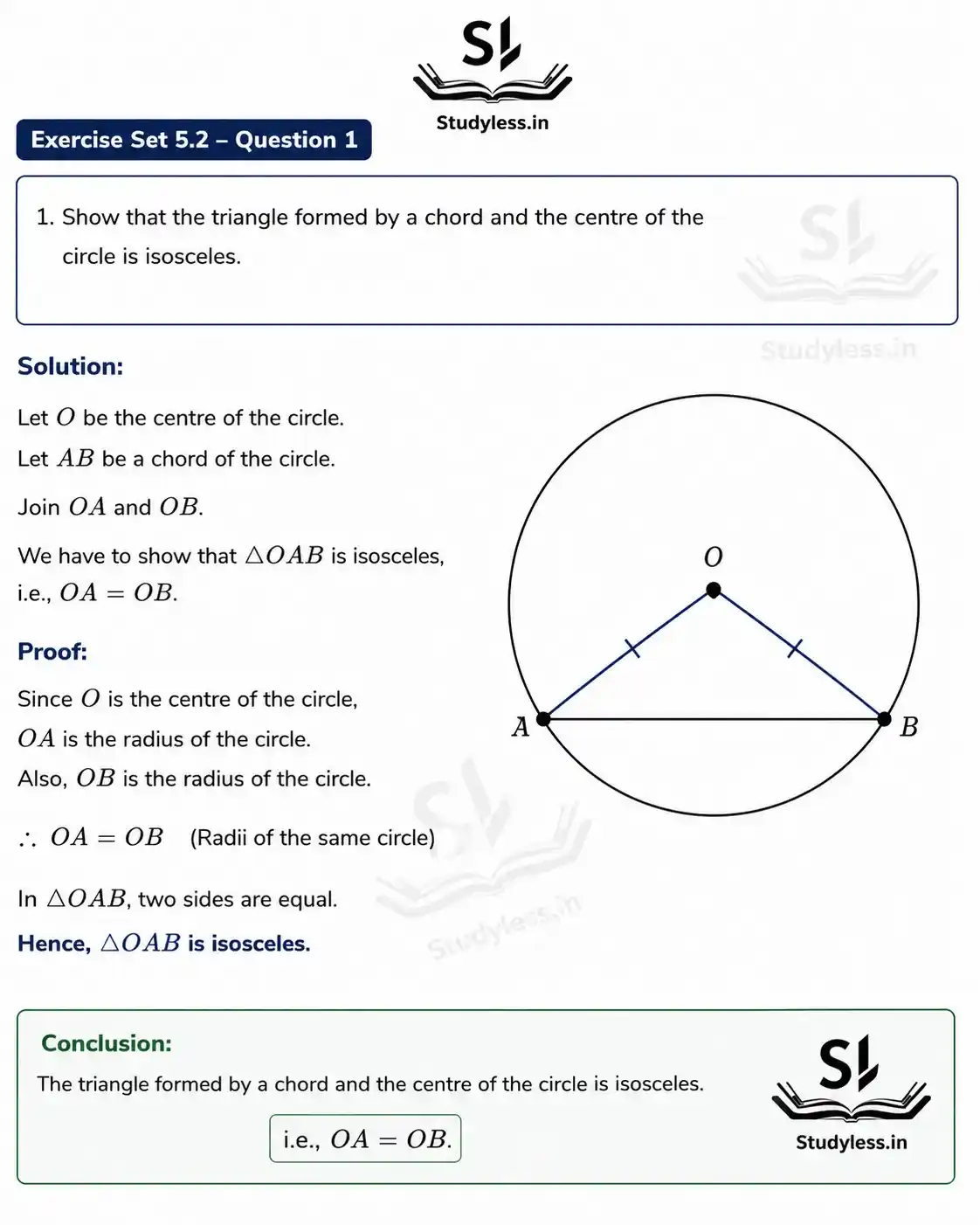 2. Show that if two such isosceles triangles (occurring in the
previous question) have equal base length, they are congruent to
each other