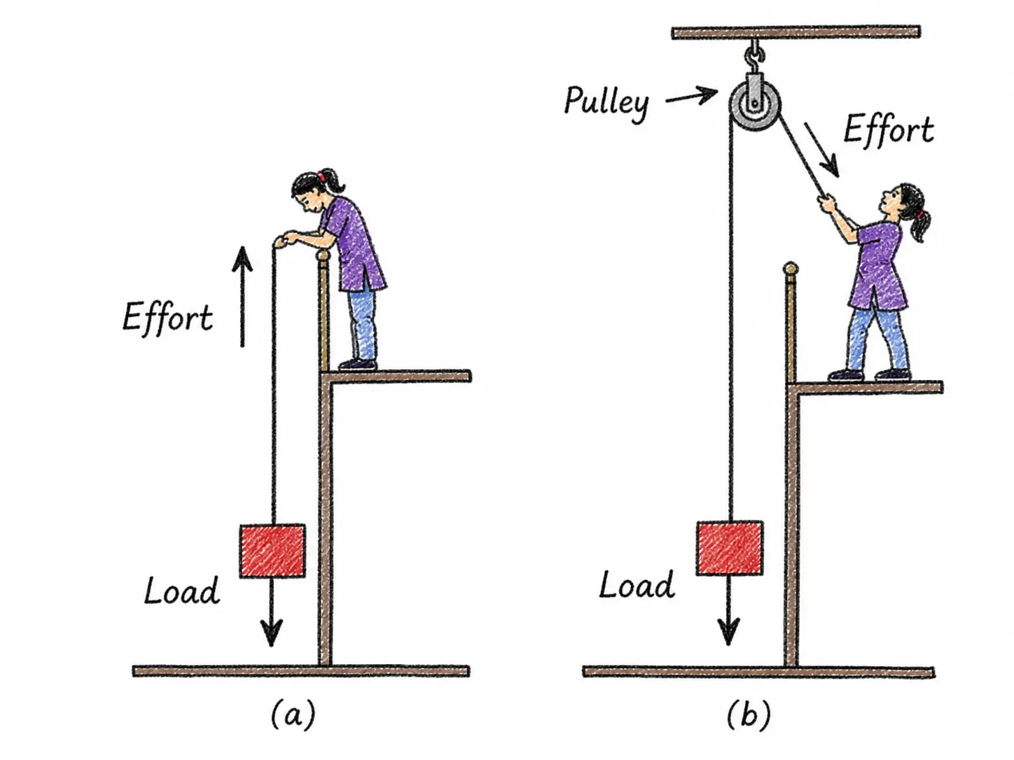 Pulling up a load (a) directly, and
b) using a pulley| Work, Energy, and Simple Machines Ch 7 Notes