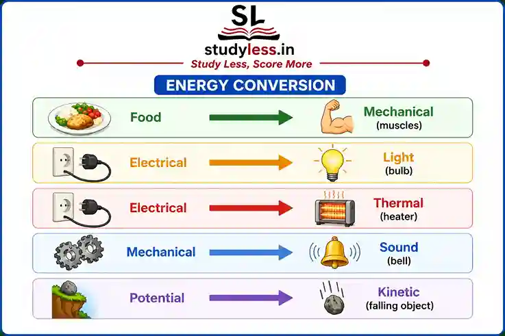Educational chart from studyless.in showing five examples of energy conversion with colorful icons. The examples are:Food converts to Mechanical energy (muscles).Electrical energy converts to Light (light bulb).Electrical energy converts to Thermal energy (heater).Mechanical energy converts to Sound (bell).Potential energy converts to Kinetic energy (falling object).