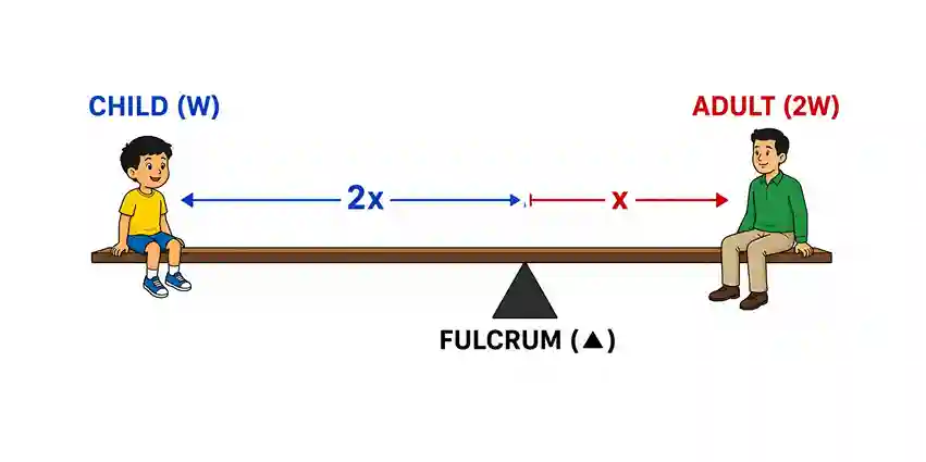 An educational diagram illustrating a balanced seesaw with a child and an adult. On the left, a child labeled "CHILD (W)" sits at a distance of "2x" from the center. On the right, an adult labeled "ADULT (2W)" sits at a shorter distance of "x" from the central triangle labeled "FULCRUM".