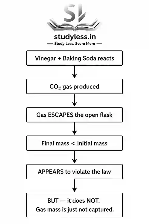 The Law of Conservation of Mass states that mass can neither be created nor destroyed in a chemical reaction. The total mass of reactants always equals the total mass of products. It was proposed by Antoine Lavoisier in 1789 and applies to every chemical reaction — provided the system is closed (no gas escapes).