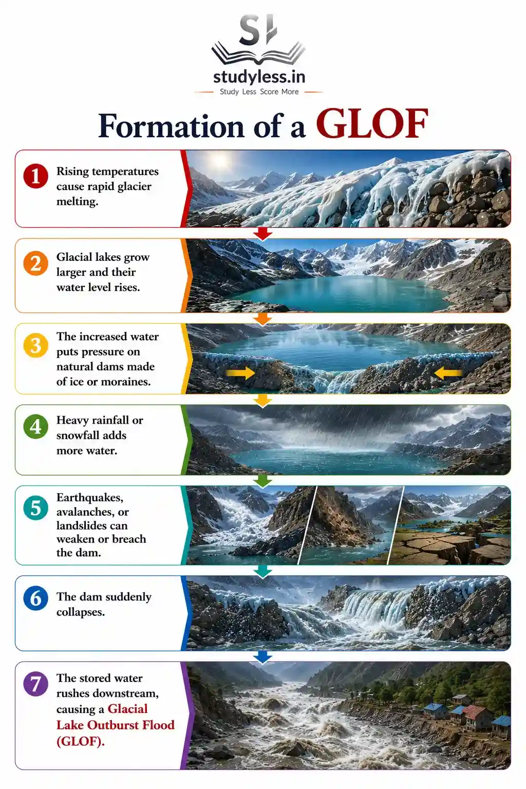 Ch 2 Shaping Of The Earth's Surface Notes Class 9An educational infographic diagram detailing the "Formation of a GLOF" (Glacial Lake Outburst Flood) presented in a vertical, step-by-step numbered flowchart from 1 to 7 on a clean white background. Each numbered step on the left features a concise textual explanation paired with a corresponding high-definition, dark-colored 3D-effect landscape illustration on the right, showing the progression from rapid glacier melting and rising water levels to the eventual dramatic collapse of the natural dam and the resulting flood rushing downstream.| Ch 2 Shaping Of The Earth's Surface Notes Class 9