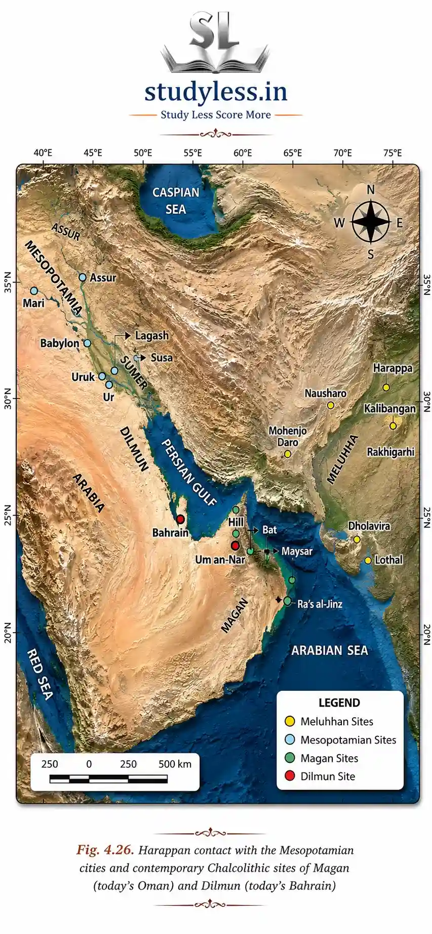 Ancient trade map showing Harappan contact with Mesopotamian cities, Dilmun, and Magan.