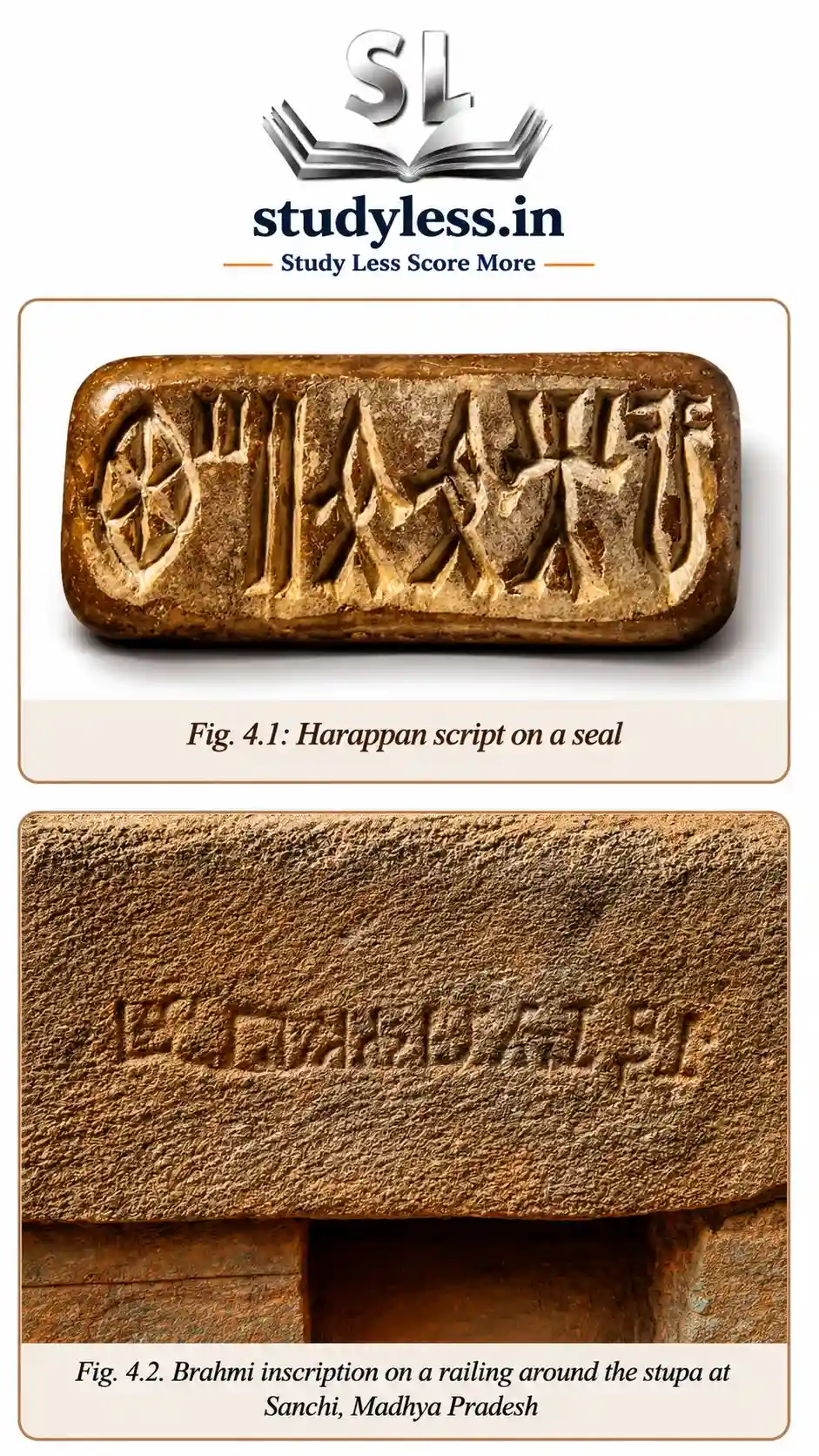 Harappan script on a seal and Brahmi inscription on a railing around the stupa at Sanchi, Madhya Pradesh| Ch 4 Early Humans and Beginning of Civilisation Notes