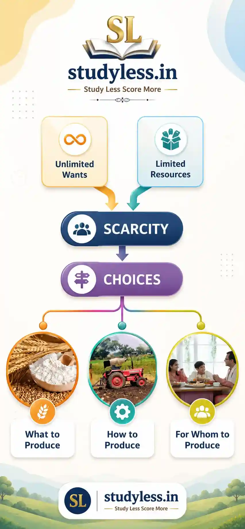 Key questions that economics seeks to address What to Produce How to Produce For Whom to Produce| Ch 8 Building Blocks in Economics: The Problem of Choice Notes Class 9