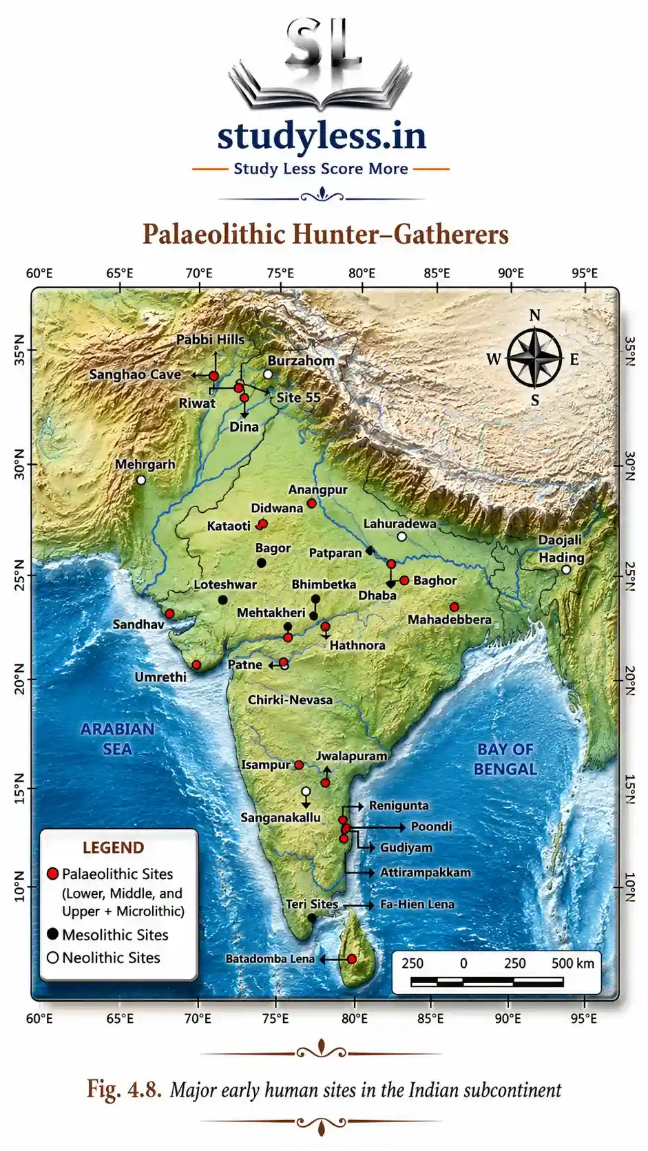 Archaeological map of Palaeolithic and Mesolithic early human sites in the Indian subcontinent.
