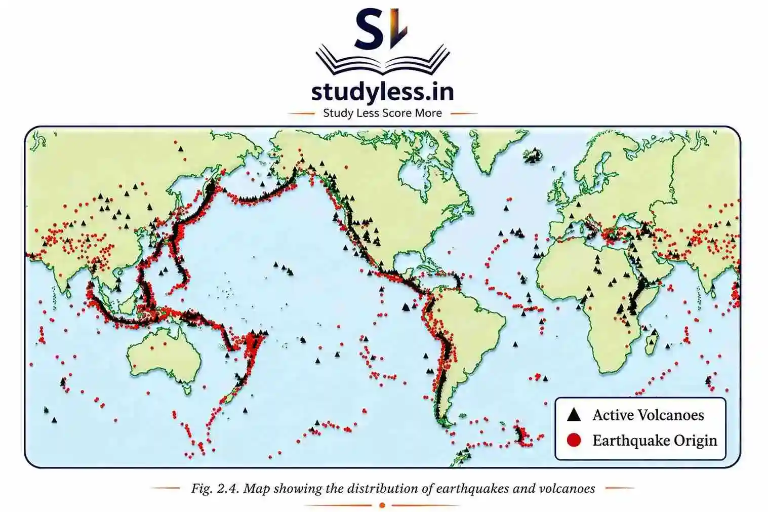 A world map illustrating the global distribution of active volcanoes and earthquake origins, highlighting major concentrations along tectonic plate boundaries such as the Pacific Ring of Fire.