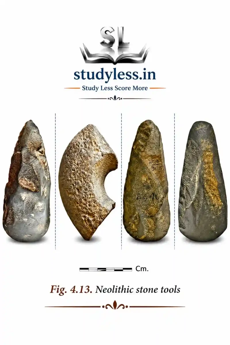 Evolution of early human stone tools in India from Palaeolithic handaxes and cleavers to Middle Palaeolithic tools and Mesolithic microliths.|neolithic tools 