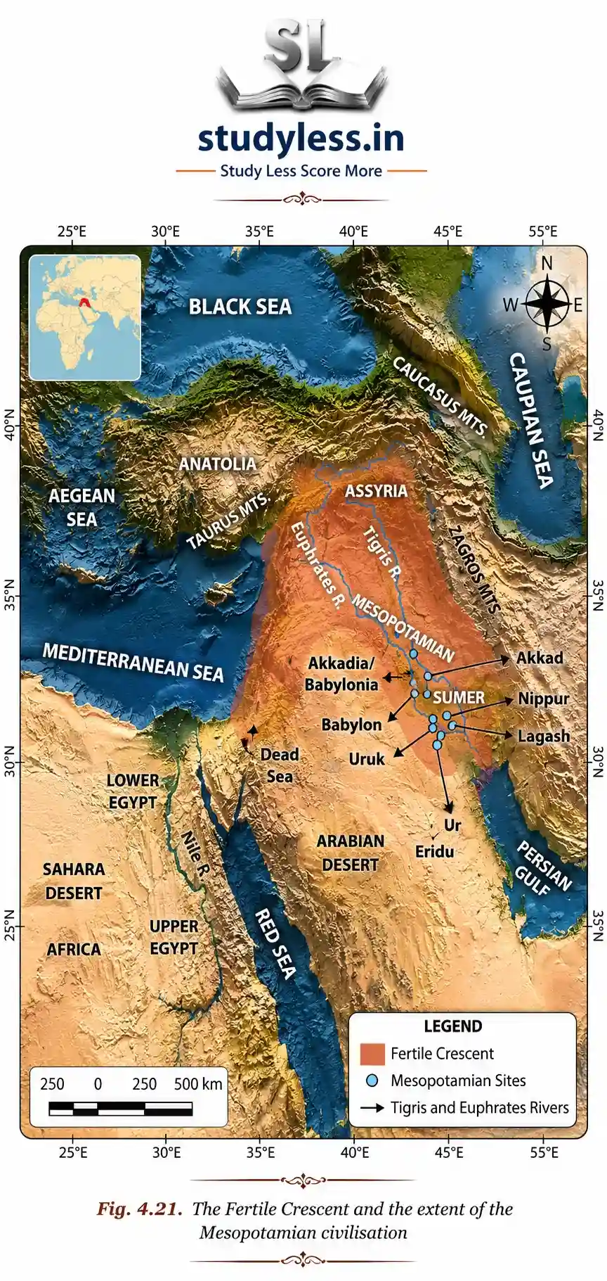 Map of the Fertile Crescent and the Mesopotamian civilisation showing the Tigris and Euphrates rivers and ancient city-states.