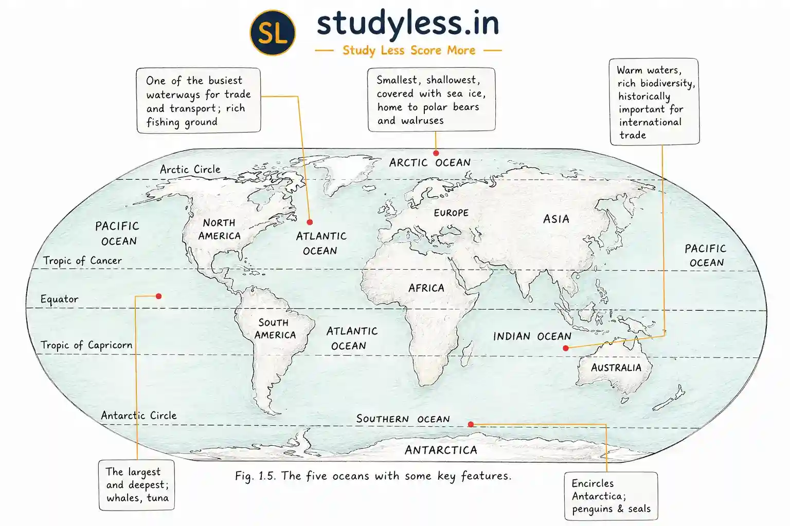 The five oceans with some key features.| Ch 1 World Geography: Some Glimpses Notes