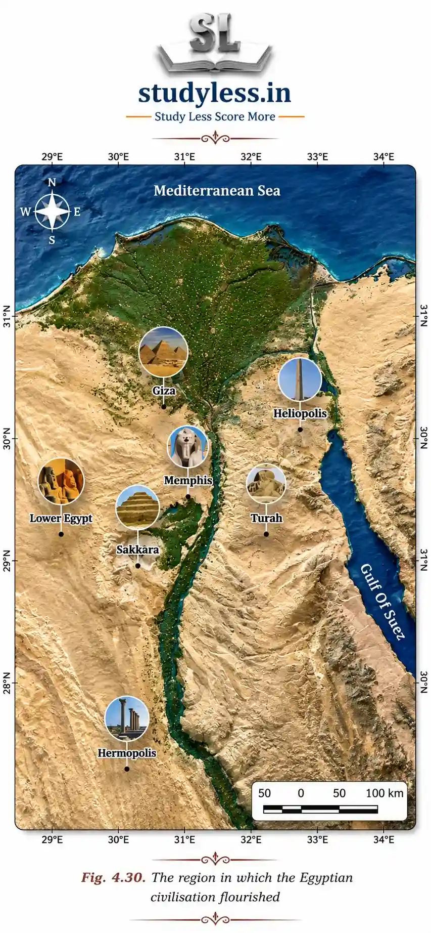 Map of the ancient Egyptian civilisation region showing the Nile River, Lower Egypt, and historical sites like Giza and Memphis.