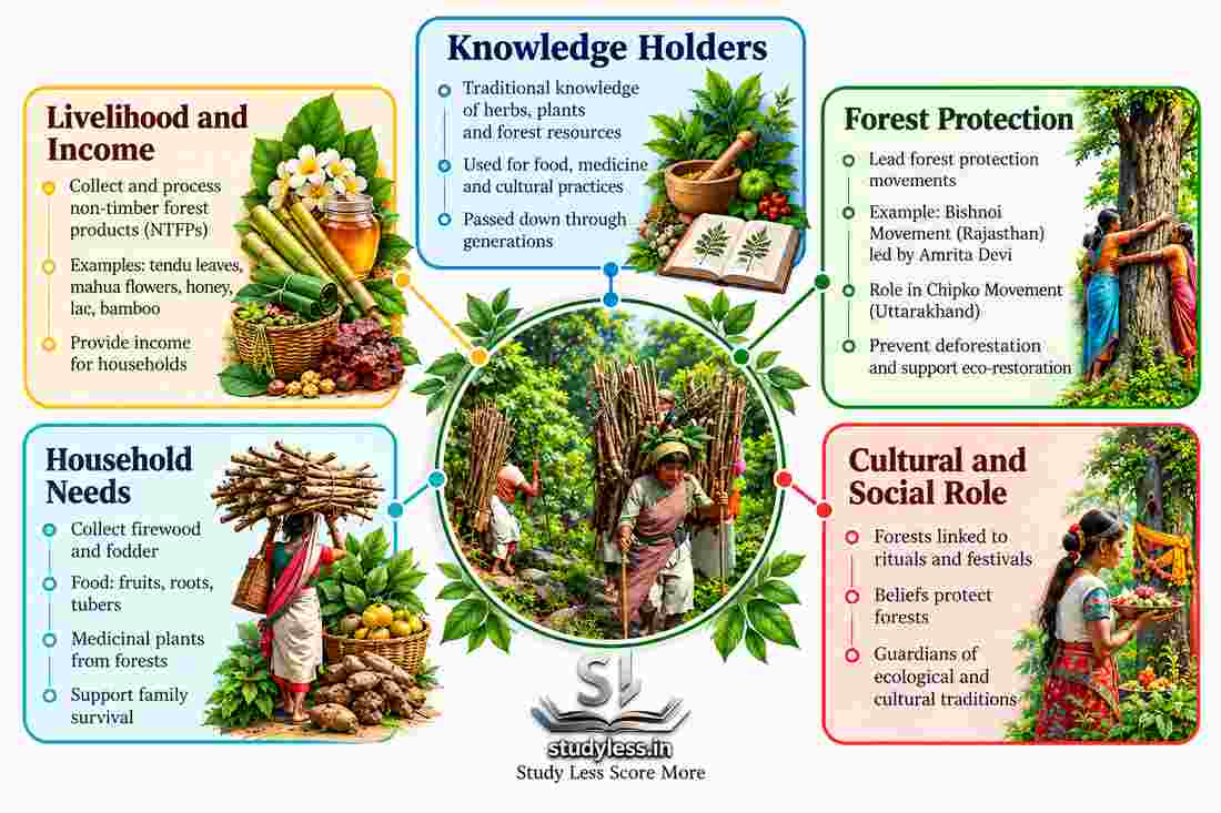 Connections between forest dwellers and forests
(Central image shows women carrying bundles of leaves and wood from a
mountain forest in Sohra, Meghalaya)